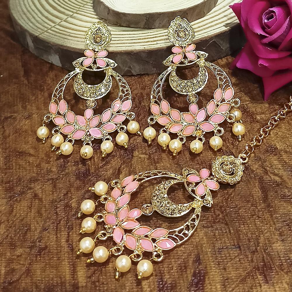 Adi Gold Plated Light Green Kundan And Stone Earrings With Maang Tikka  - 1319209A