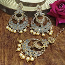 Adi Gold Plated Light Green Kundan And Stone Earrings With Maang Tikka  - 1319209A