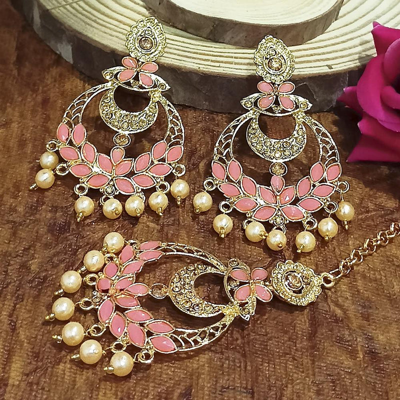 Adi Gold Plated Light Green Kundan And Stone Earrings With Maang Tikka  - 1319209A