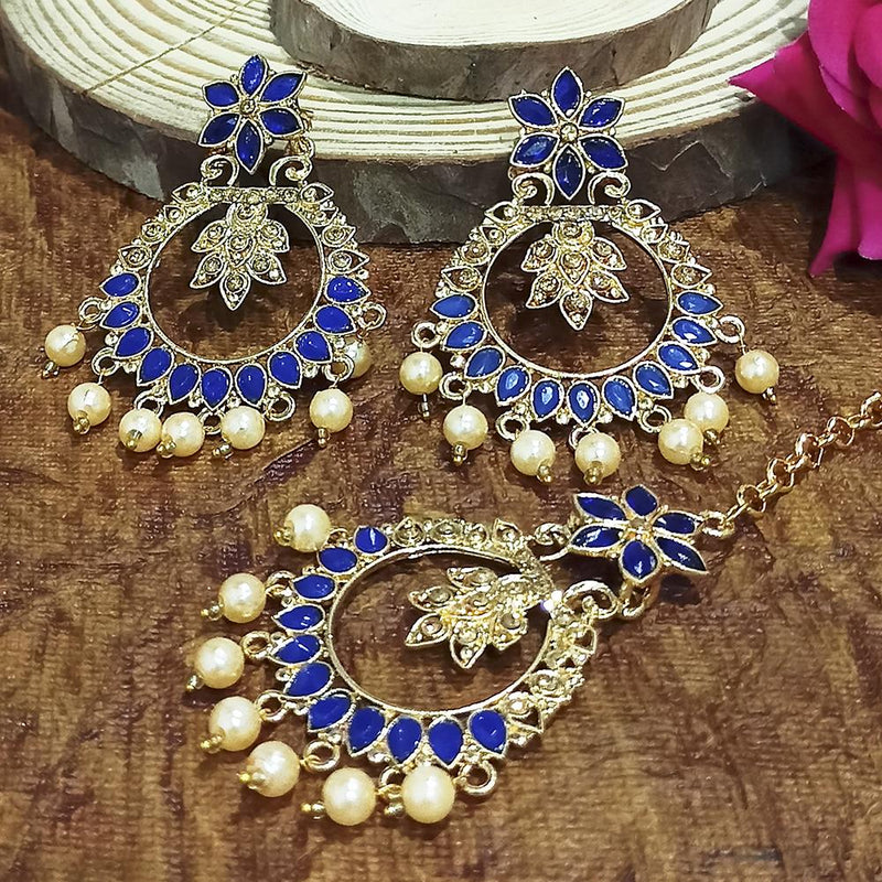 Adi Gold Plated Blue Kundan And Stone Earrings With Maang Tikka  - 1319210C