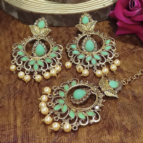 Adi Gold Plated Light Green Kundan And Stone Earrings With Maang Tikka  - 1319211A