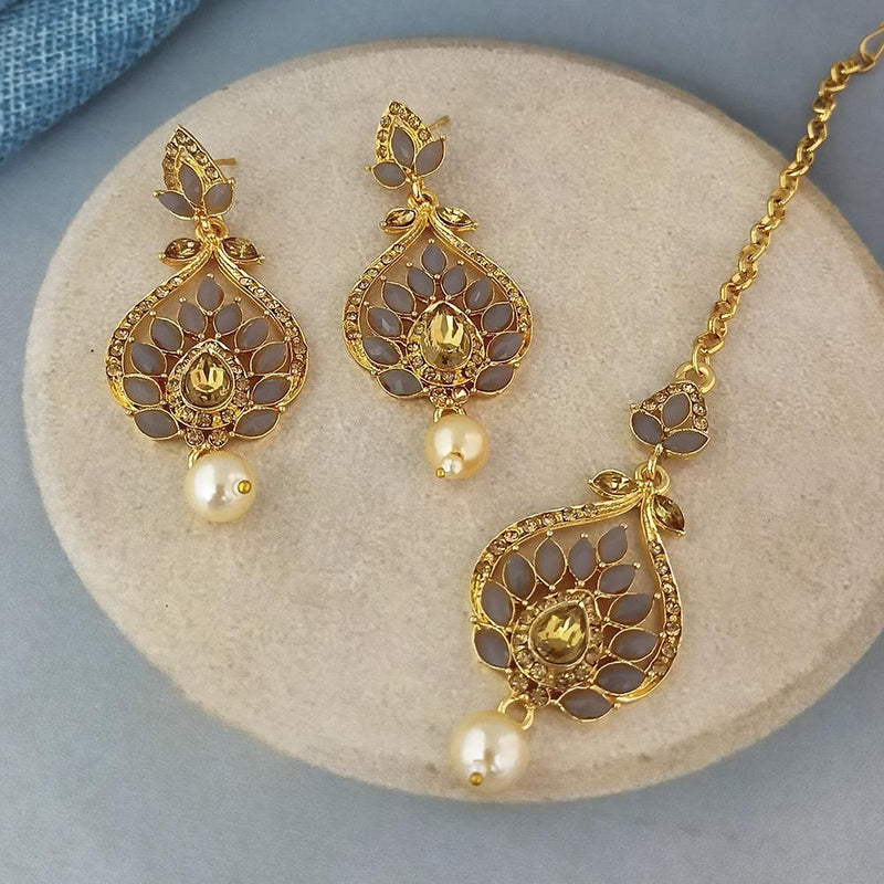 Adi Gold Plated Kundan And Austrian Stone Earrings With Maang Tikka  - 1319258