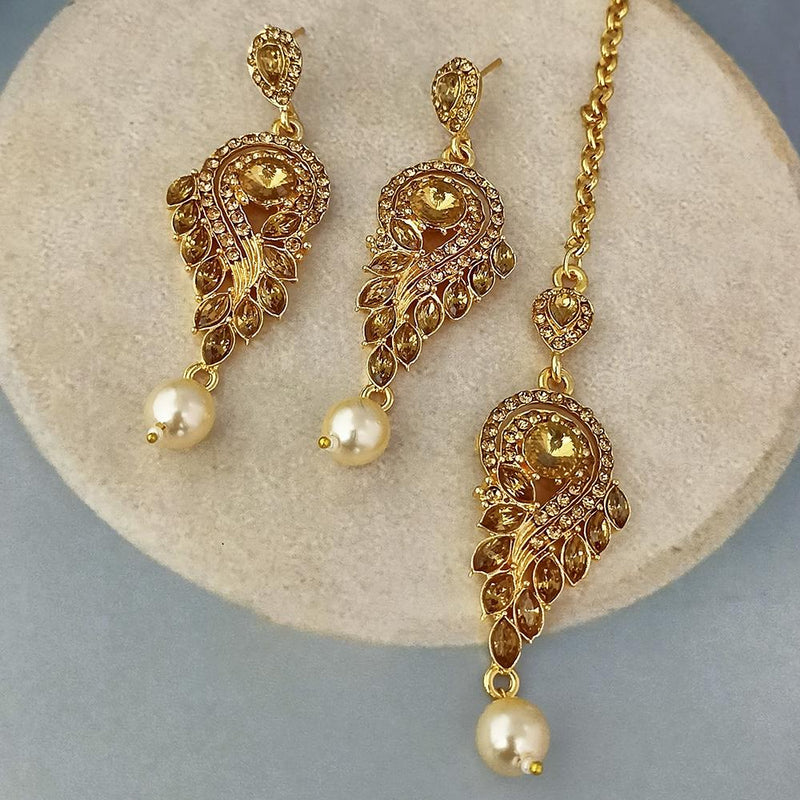 Adi Gold Plated Kundan And Austrian Stone Earrings With Maang Tikka  - 1319262