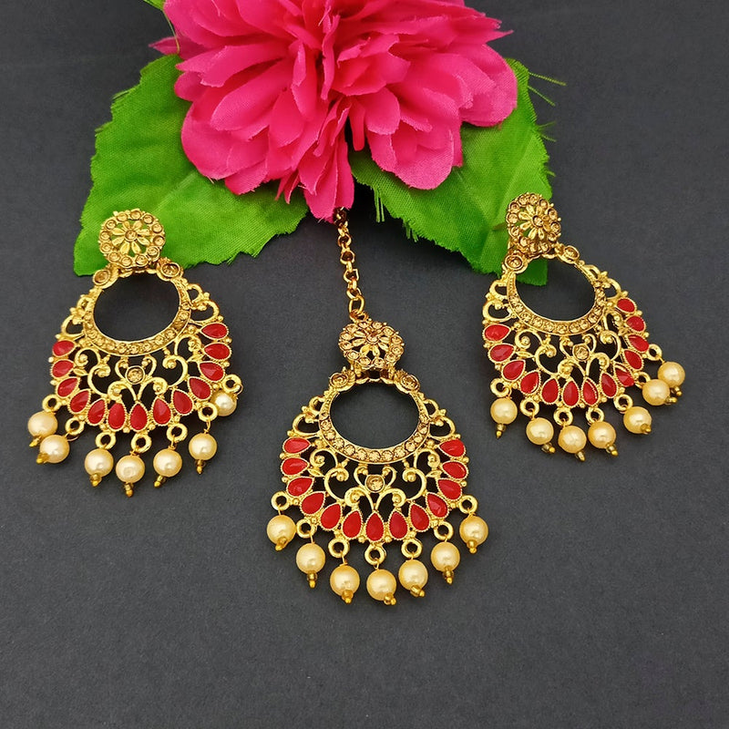 Adi Gold Plated Kundan And Stone Earrings With Maang Tikka - 1319263