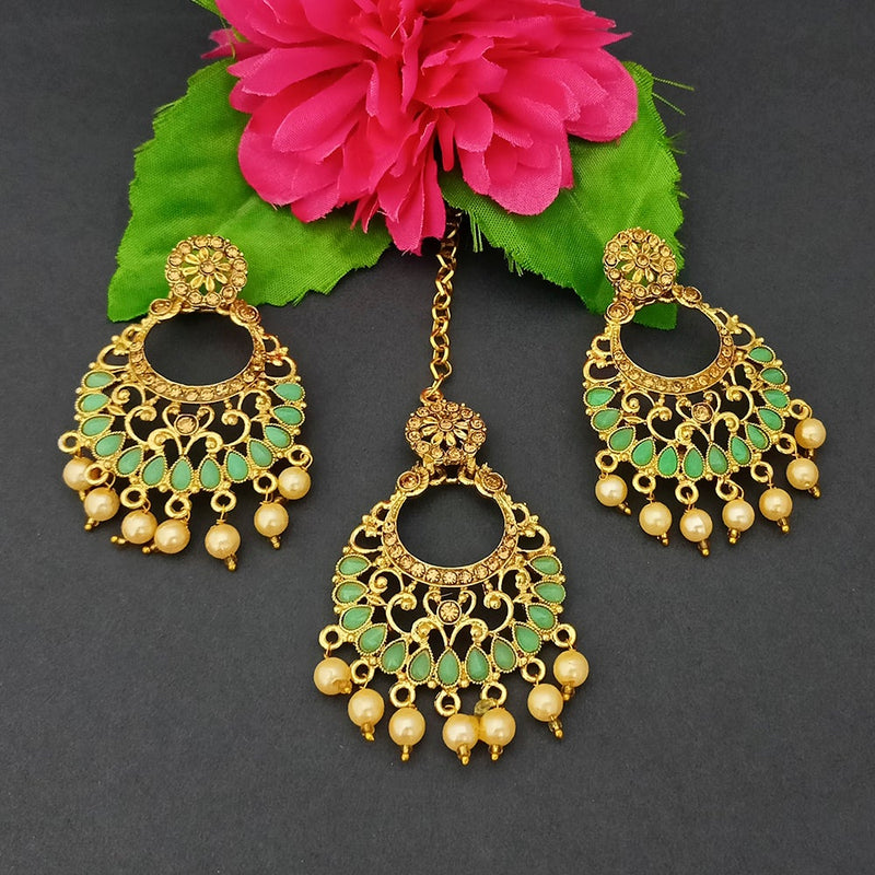 Adi Gold Plated Kundan And Stone Earrings With Maang Tikka - 1319263