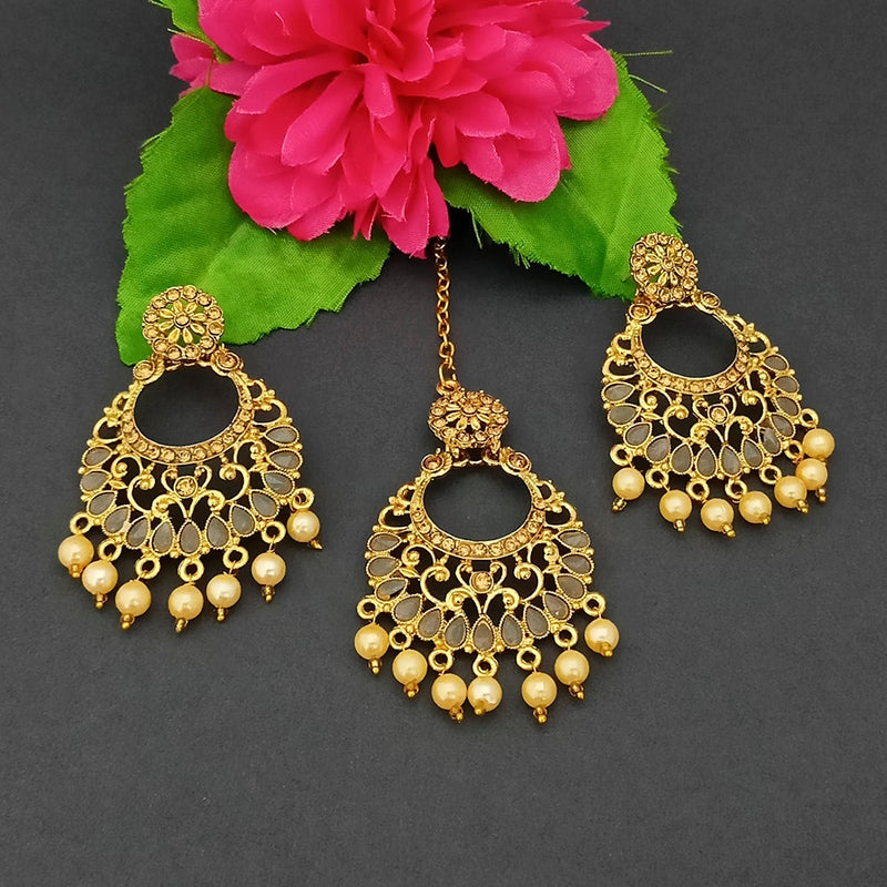 Adi Gold Plated Kundan And Stone Earrings With Maang Tikka - 1319263