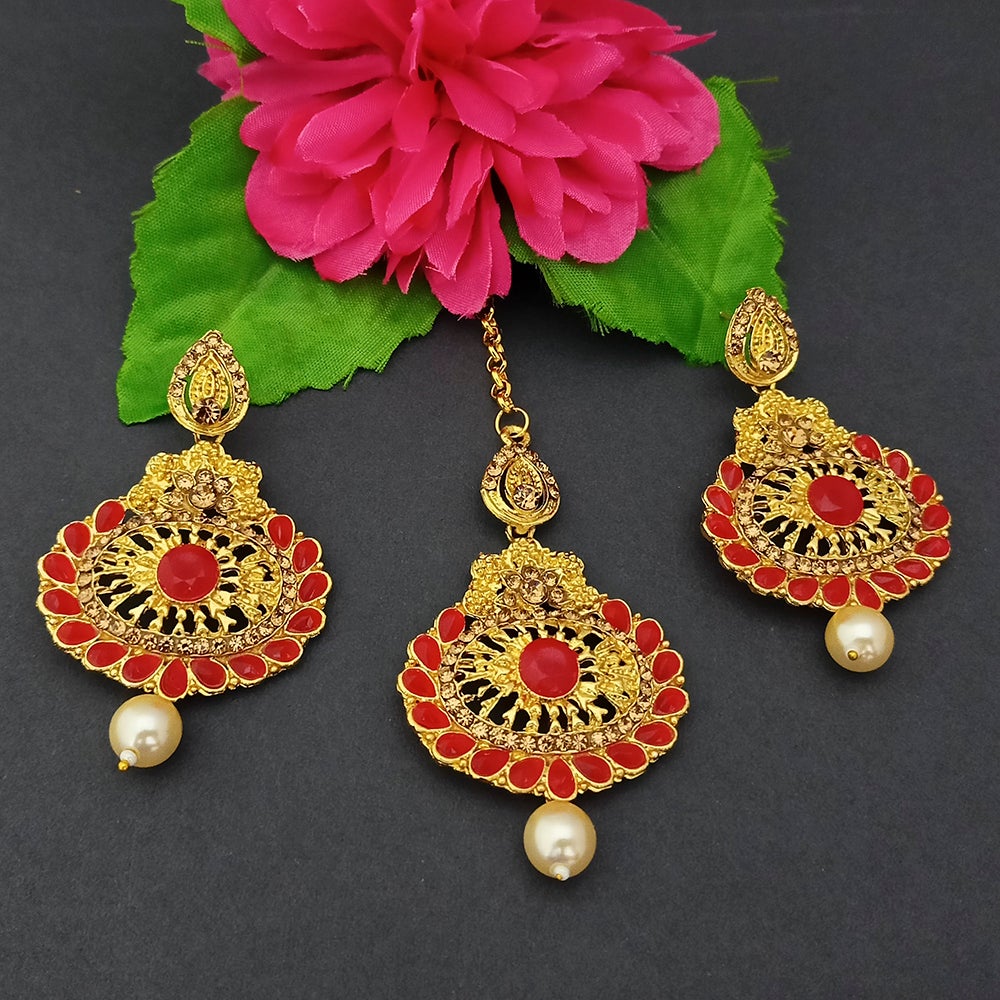 Adi Gold Plated Kundan And Stone Earrings With Maang Tikka - 1319264