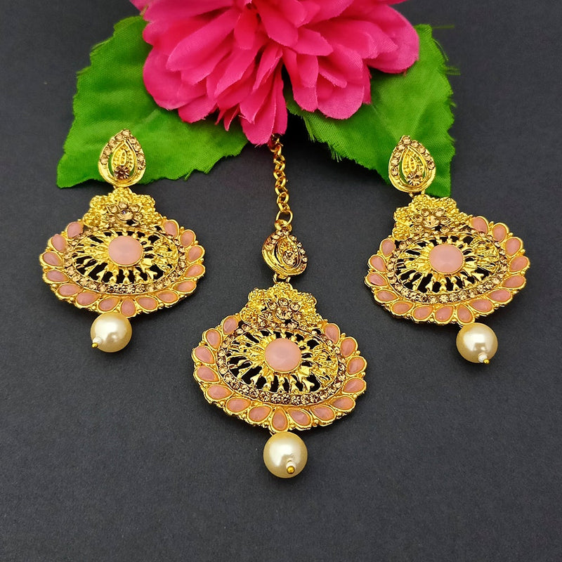Adi Gold Plated Kundan And Stone Earrings With Maang Tikka - 1319264