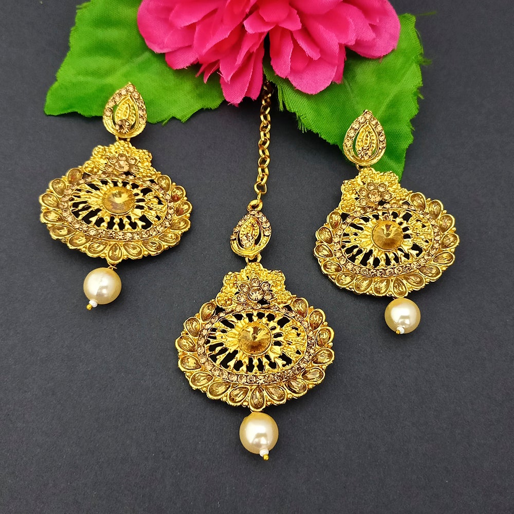 Adi Gold Plated Kundan And Stone Earrings With Maang Tikka - 1319264