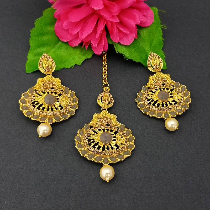 Adi Gold Plated Kundan And Stone Earrings With Maang Tikka - 1319264