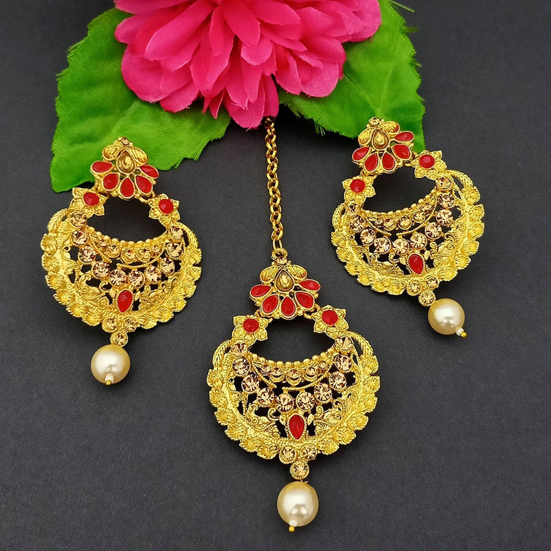 Adi Gold Plated Kundan And Stone Earrings With Maang Tikka - 1319266