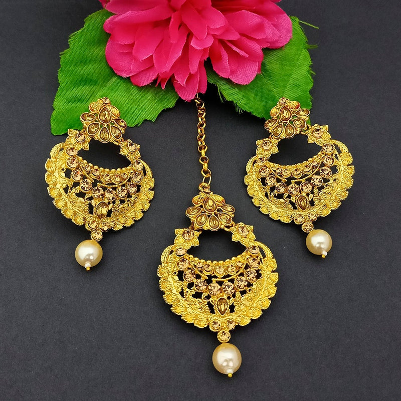 Adi Gold Plated Kundan And Stone Earrings With Maang Tikka - 1319266