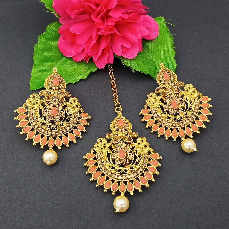 Adi Gold Plated Kundan And Stone Earrings With Maang Tikka - 1319268