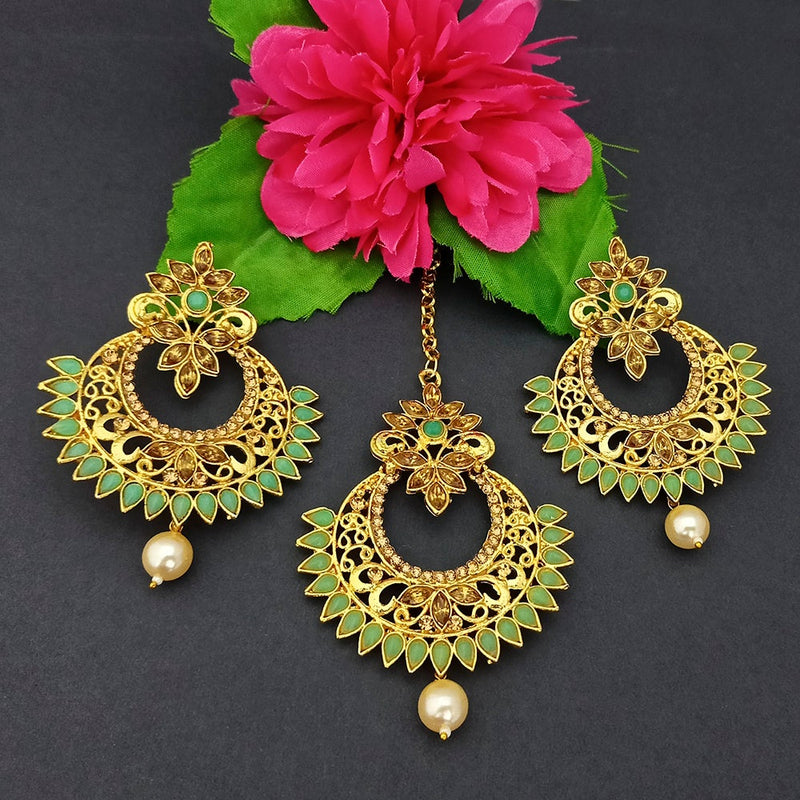 Adi Gold Plated Kundan And Stone Earrings With Maang Tikka - 1319269