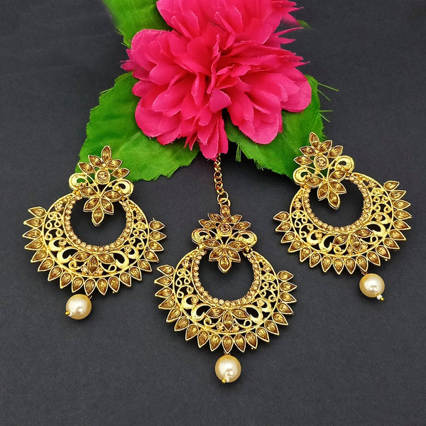 Adi Gold Plated Kundan And Stone Earrings With Maang Tikka - 1319269