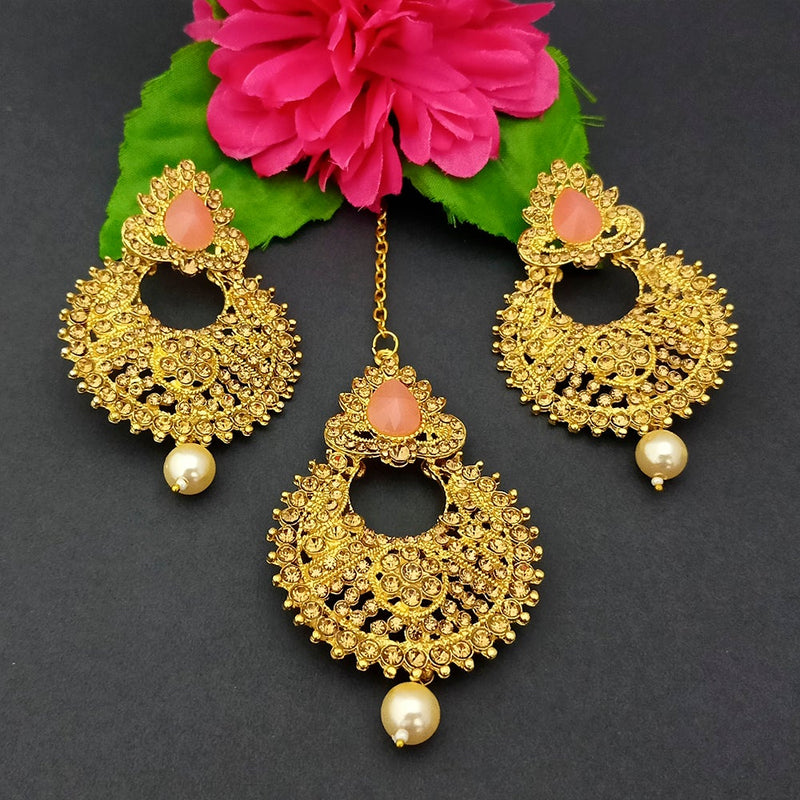 Adi Gold Plated Kundan And Stone Earrings With Maang Tikka - 1319270