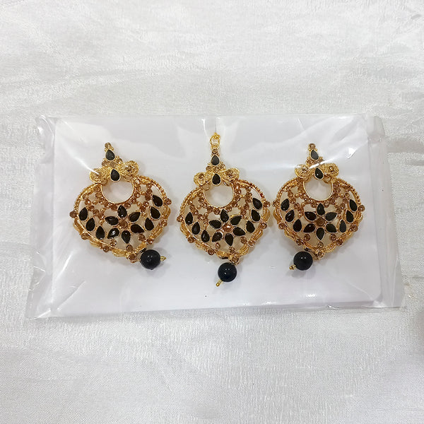 Darshan Gold Plated Pota And Austrian Stone Dangler Earrings With Maang tikka