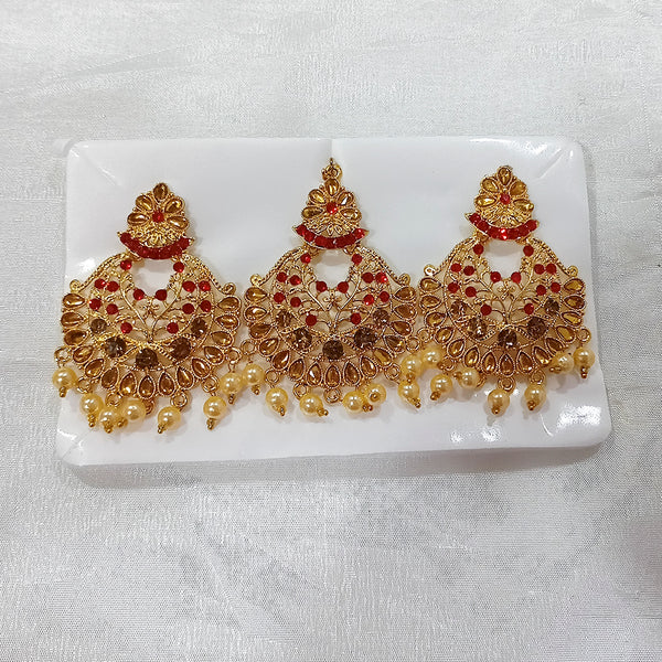 Darshan Gold Plated Red Austrian Dangler Earrings With Maang tikka