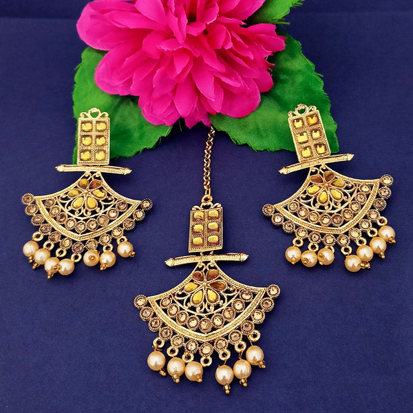 Darshan Gold Plated Brown Kundan Dangler Earrings With Maang tikka