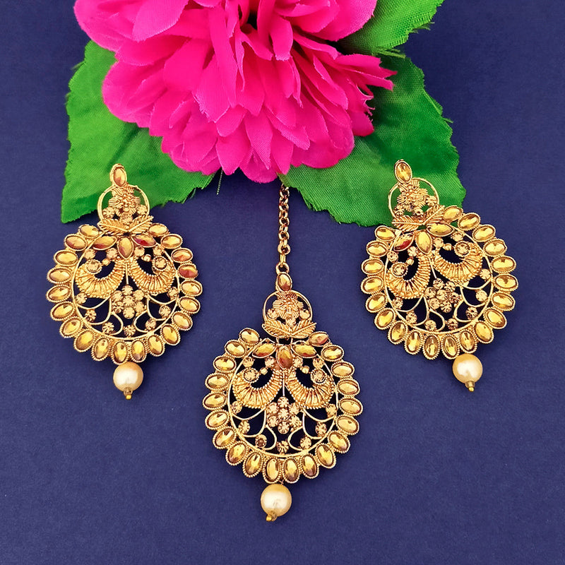 Darshan Gold Plated Brown Kundan Dangler Earrings With Maang tikka - 1319522
