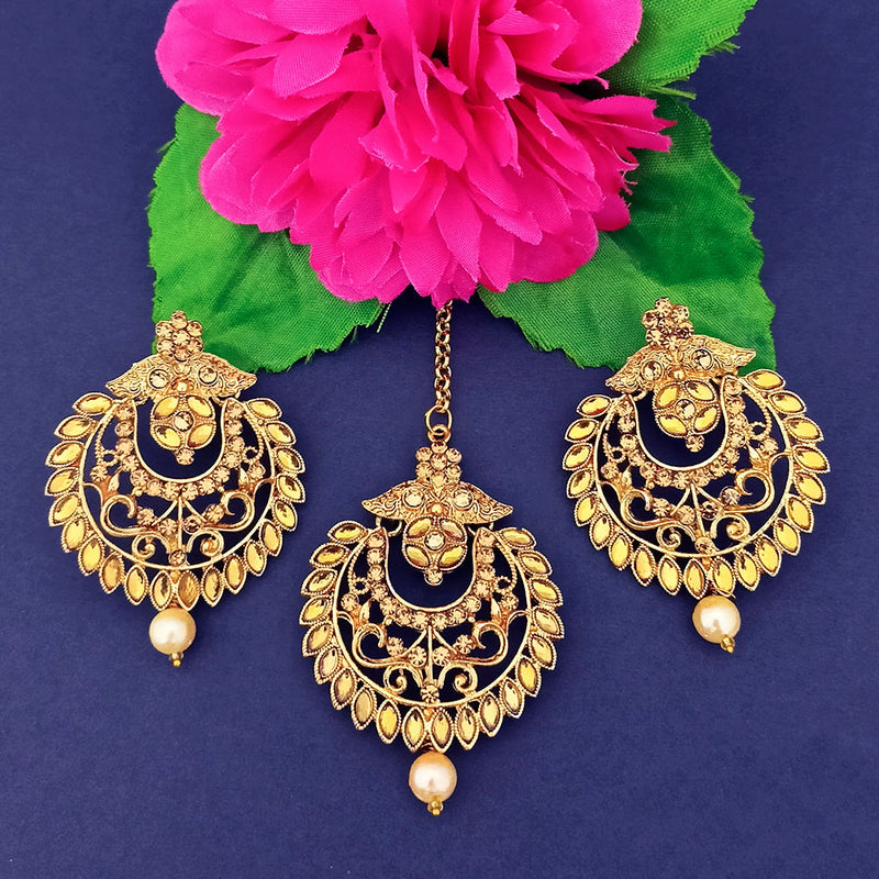Darshan Gold Plated Brown Kundan Dangler Earrings With Maang tikka - 1319523