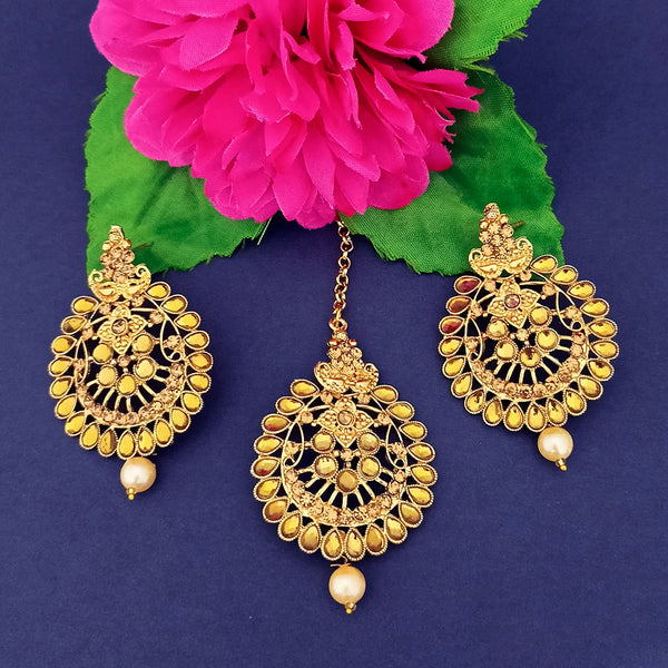 Darshan Gold Plated Brown Kundan Dangler Earrings With Maang tikka - 1319524