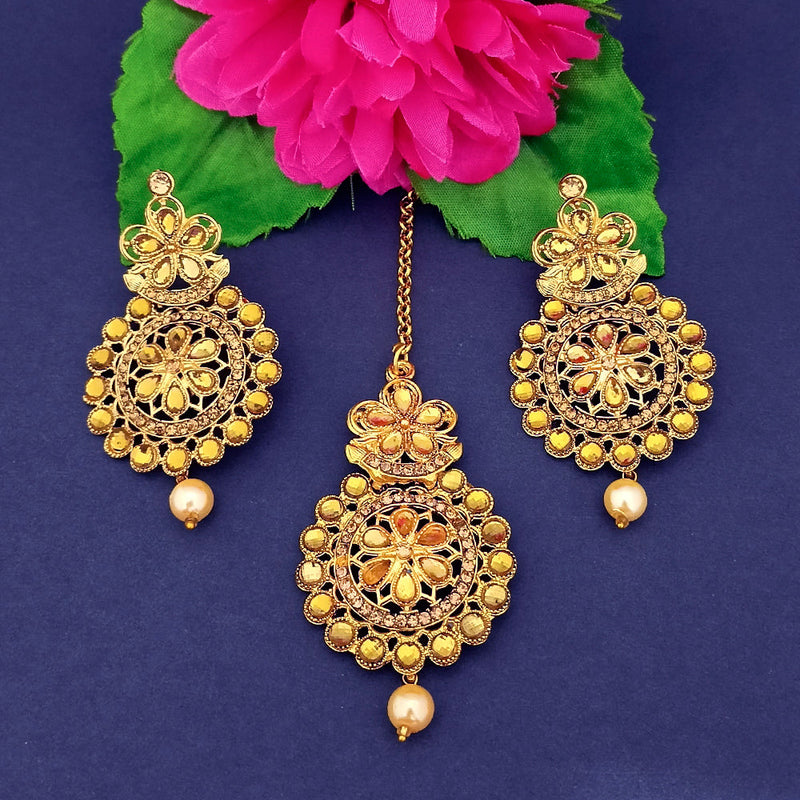 Darshan Gold Plated Brown Kundan Dangler Earrings With Maang tikka - 1319526