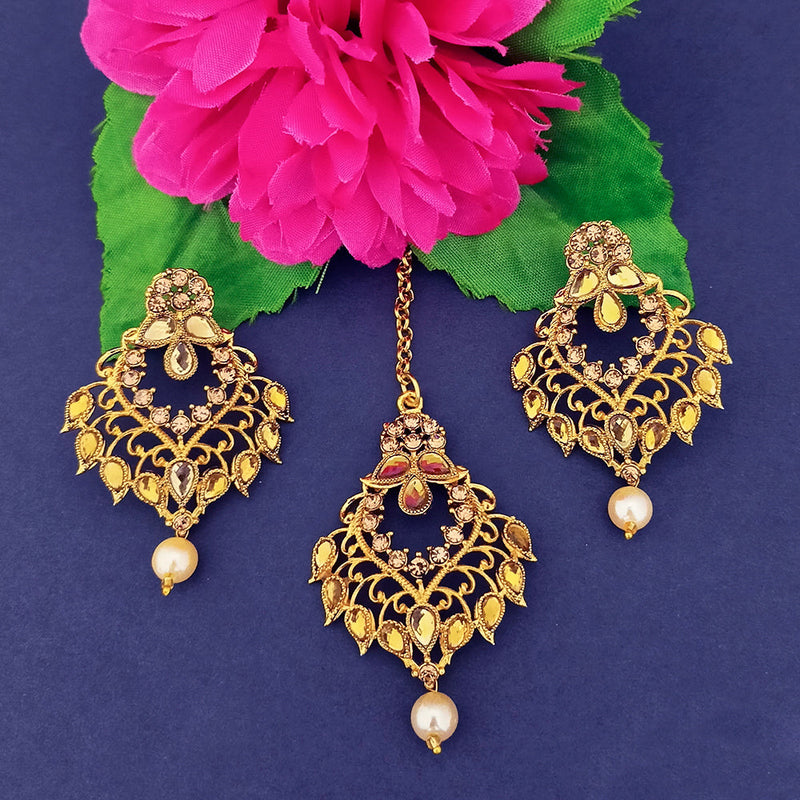 Darshan Gold Plated Brown Kundan Dangler Earrings With Maang tikka - 1319527