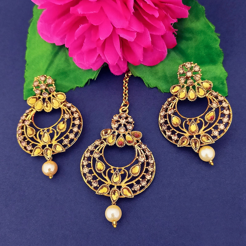 Darshan Gold Plated Brown Kundan Dangler Earrings With Maang tikka - 1319528