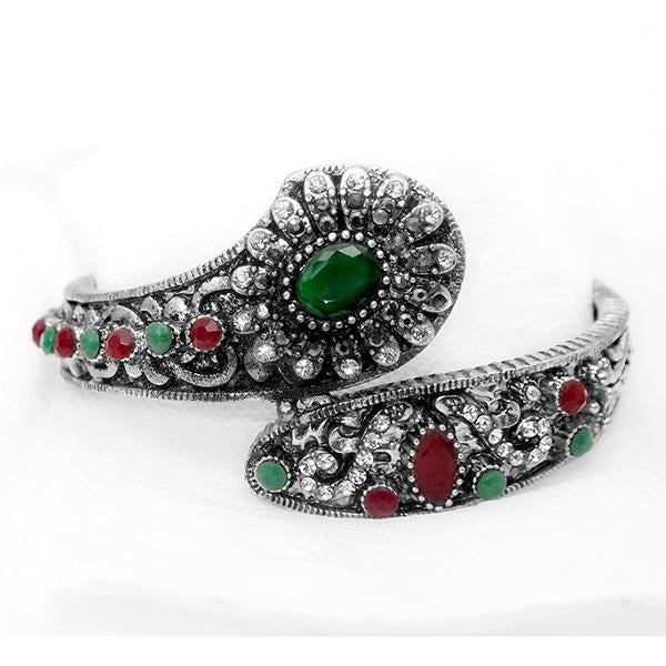 Urthn Green And Maroon Stone Rhodium Plated Kada - 1402507A