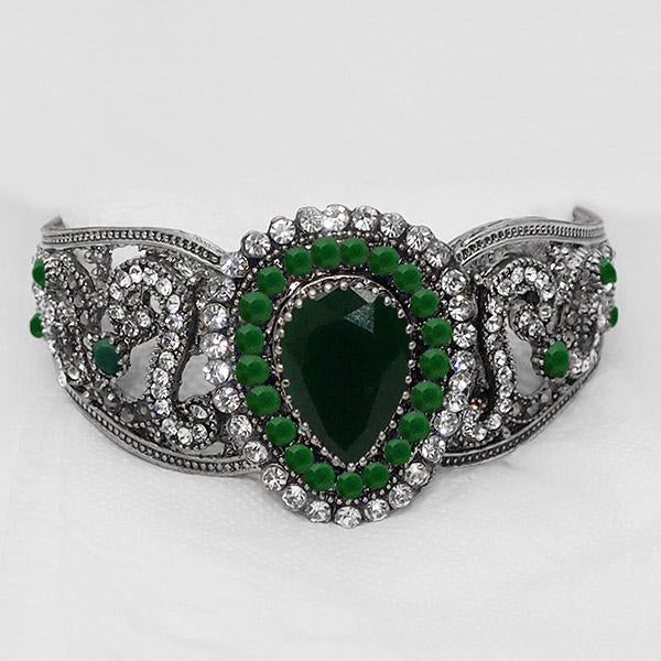 Urthn Green Stone Rhodium Plated Kada - 1402509B