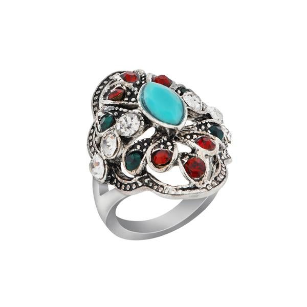 Urthn Maroon And Green Resin Stone Rhodium Plated Ring - 1501840B_17