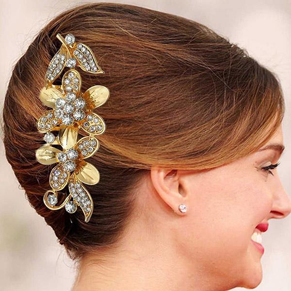 Apurva Pearls Floral Design Stone Gold Plated Hair Brooch - 1502009