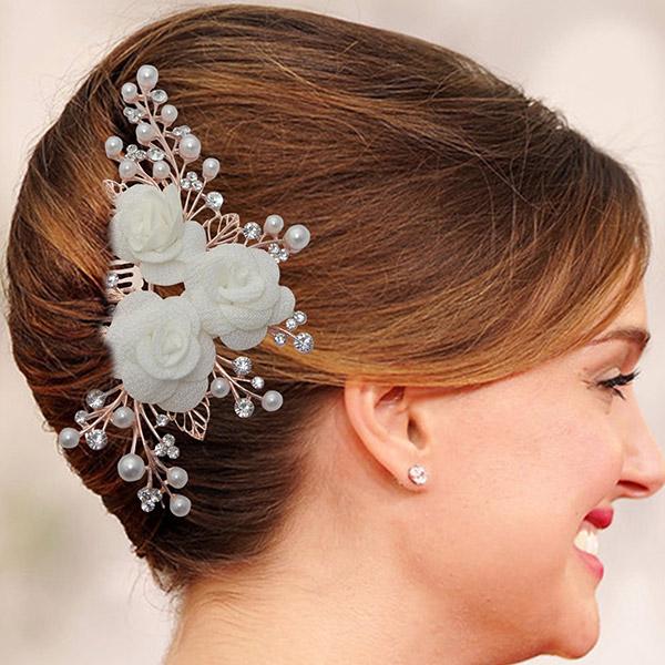 Apurva Pearls Stone Floral Design Pearl Rose Gold Hair Brooch - 1502010A