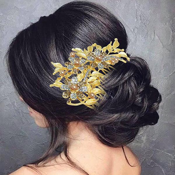 Apurva Pearls Stone Leaf Design Gold Plated Hair Brooch - 1502024A