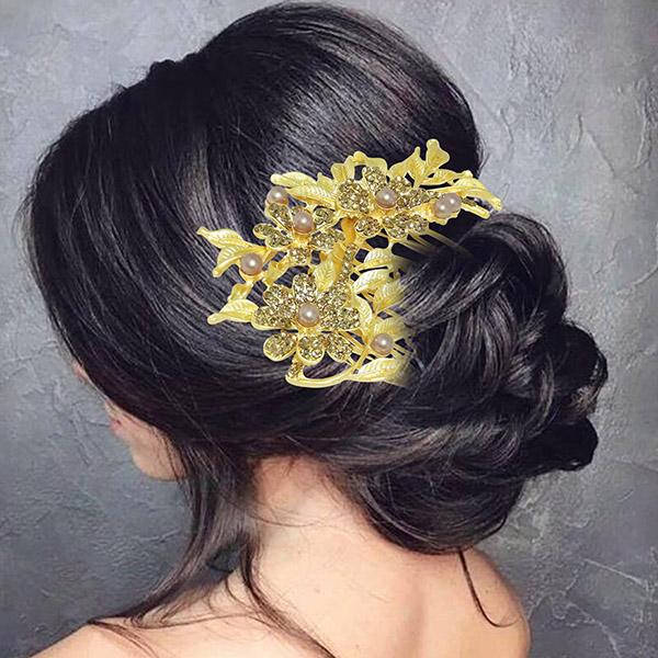 Apurva Pearls Stone Leaf Design Gold Plated Hair Brooch - 1502024B