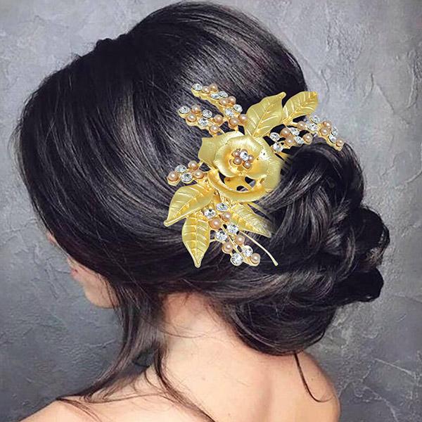 Apurva Pearls Stone Rose Design Gold Plated Hair Brooch - 1502026B