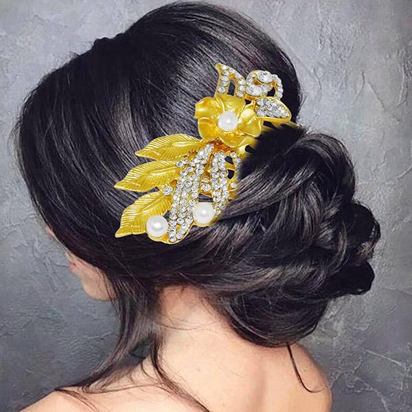Apurva Pearls Stone Gold Plated Hair Brooch - 1502032A