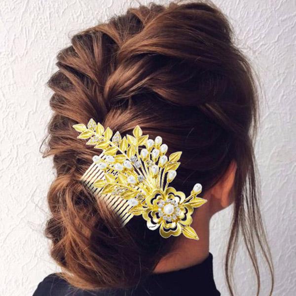 Apurva Pearls Stone Pearl Gold Plated Floral Hair Brooch - 1502054B