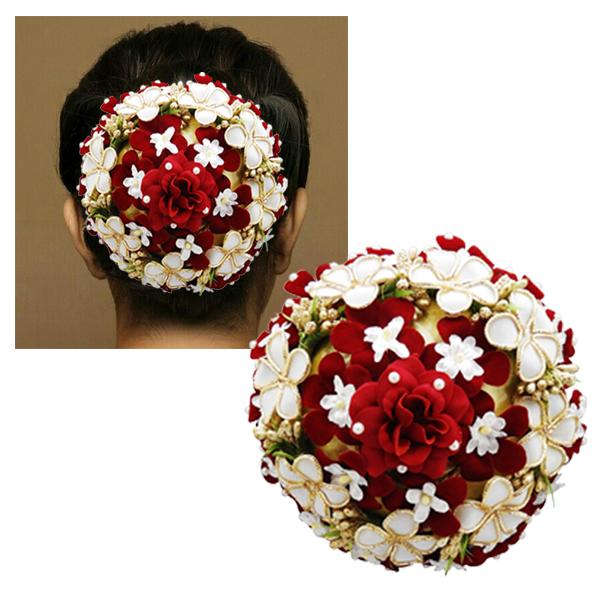 Apurva Pearls Maroon And White Floral Design Hair Brooch - 1502232A
