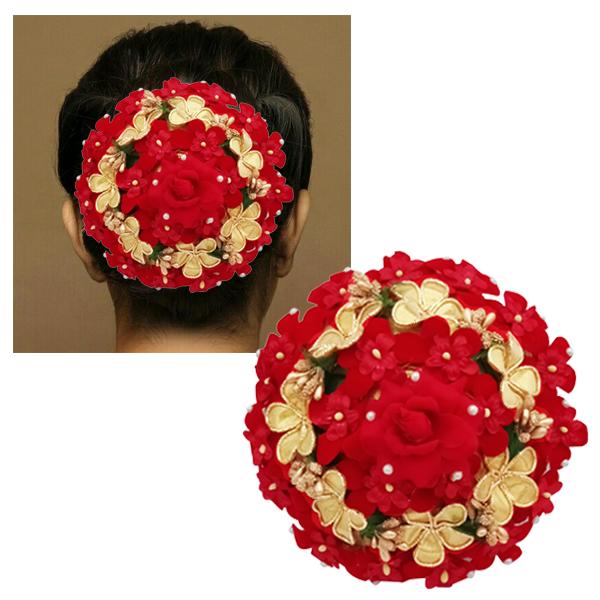 Apurva Pearls Gold And Red Floral Design Hair Brooch - 1502232C