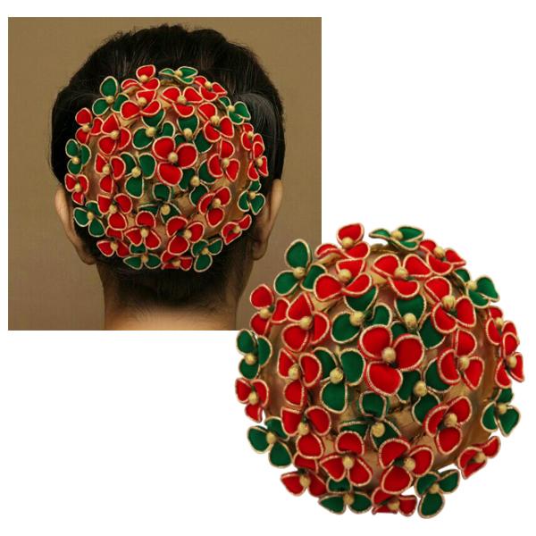 Apurva Pearls Red And Green Floral Design Hair Brooch - 1502238B