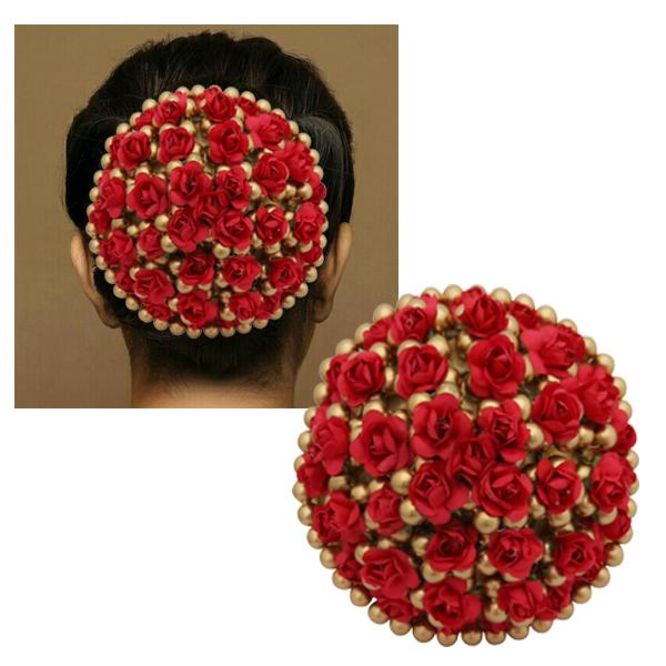 Apurva Pearls Maroon And Gold Floral Design Hair Brooch - 1502239