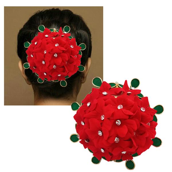 Apurva Pearls Red And Green Floral Design Hair Brooch - 1502240
