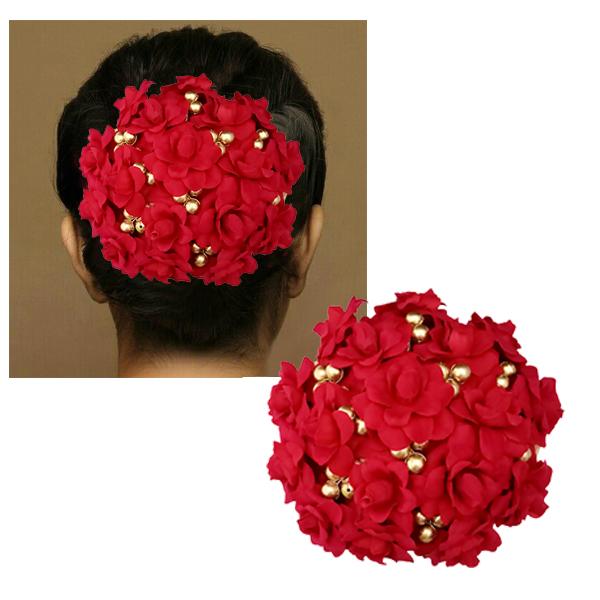 Apurva Pearls Red Floral Golden Pearl Hair Brooch - 1502255B