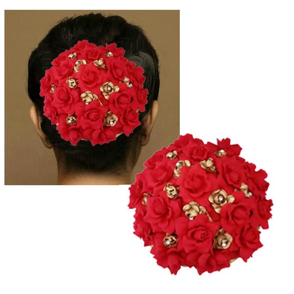 Apurva Pearls Red And Golden Floral Hair Brooch - 1502256A