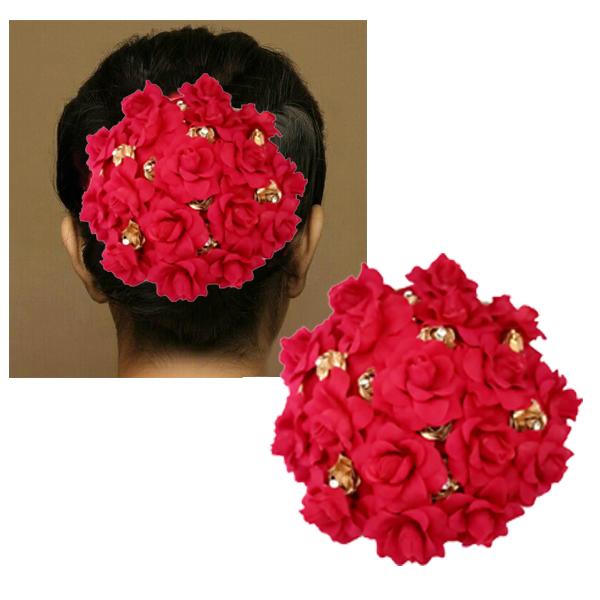 Apurva Pearls Red And Golden Floral Hair Brooch - 1502256B