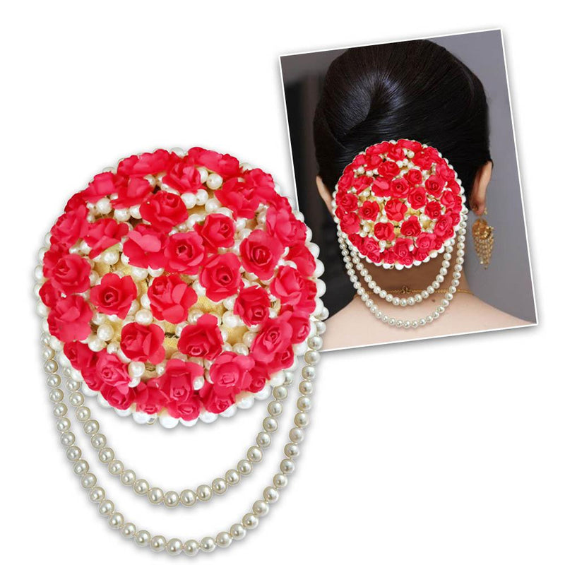 Apurva Pearls Red Floral Pearl Hair Brooch - 1502272