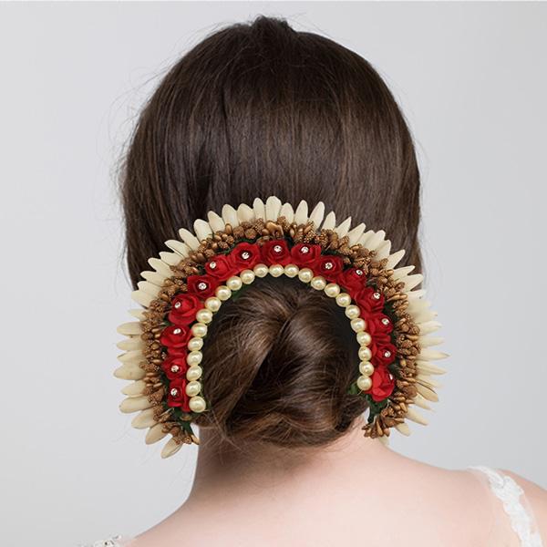 Apurva Pearls Red Floral Hair Brooch - 1502279