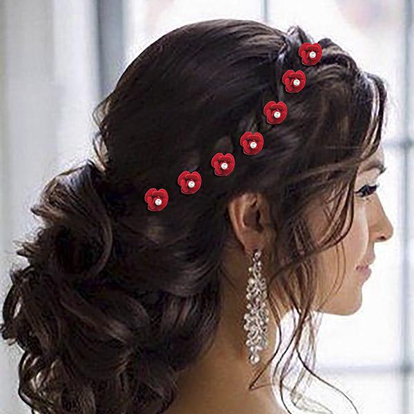 Apurva Pearls Red Floral Hair Brooch - 1502293